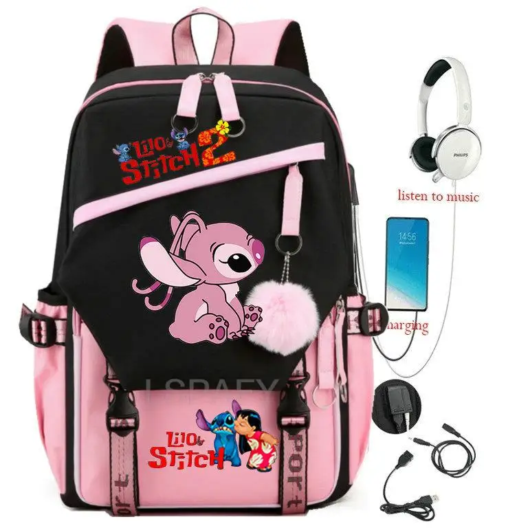 Lilo And Stitch Backpack Waterproof Boys Girls Bookbags Laptop Rucksack With USB School Backpack Capacity for Teens Mochilas