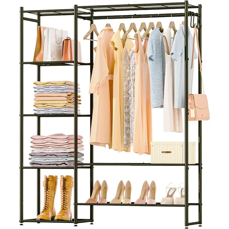 Clothing Rack with Shelves, Portable Wardrobe Closet for Hanging Clothes Rods, Free Standing Shelves Organizers and Storage floor to ceiling coat rack clothes drying with standing type clothing hanger free standing with 4 hooks wood tree coat rack