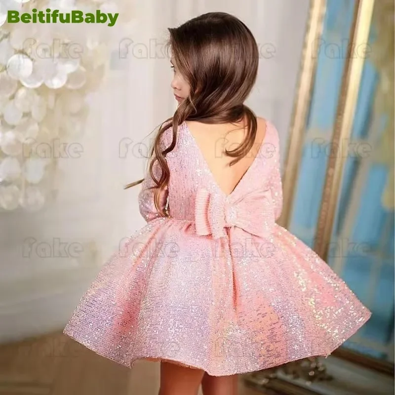 BeitifuBaby 공주 스타일 어린이 파티 원피스, 긴팔 스팽글 프릴 활 짧은 치마, 웨딩 파티 꽃 소녀 드레스