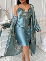 Ensemble pyjama pour femmes grande taille à imprimé floral cerise, robe de nuit sexy avec robe longue, ensemble de vêtements de détente deux pièces pour femmes 1