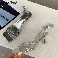 Aneikeh-Sandales en cuir verni à lacets croisés pour femmes, chaussures de soirée à bande étroite, talon bas fin, gladiateur Rome d'été, mode 2025 4