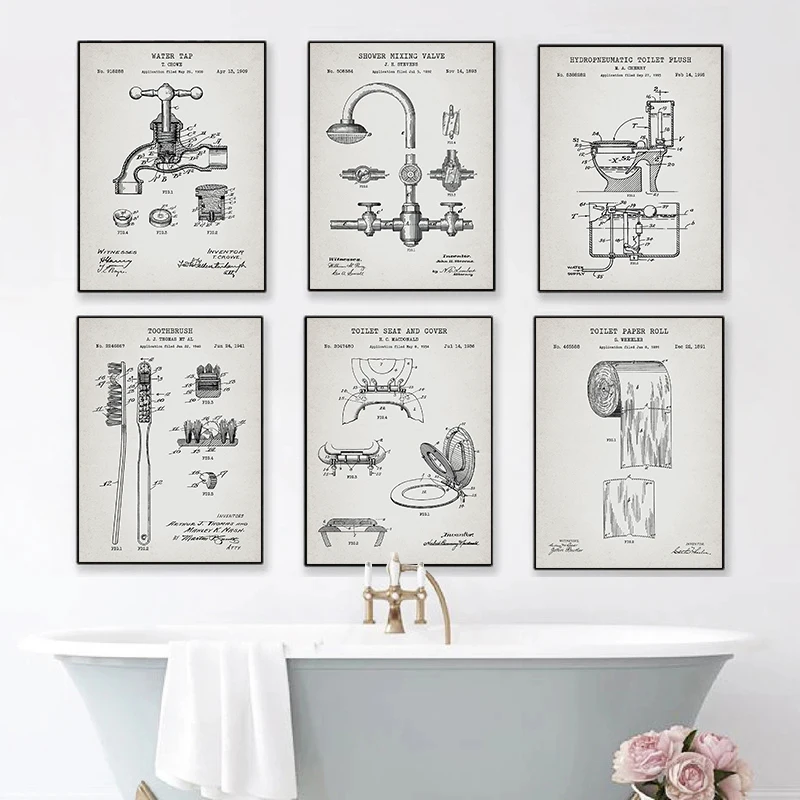 Vintage-Bathroom-Patent-Posters-Prints-Shower-Faucet-Toilet-Bowl-Paper ...