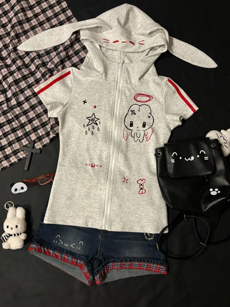 Japanese Cute Babes Slim Fit Cardigan Subculture Kawaii Ears Short Sleeve Hoodies Women Summer New Sweet Streetwear Grey Tops