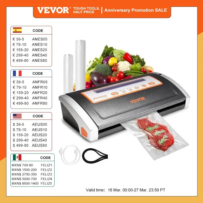 Vevor Electric Vacuum Food Sealer Machine 130W Sistema Di Sigillatura Ad Aria Manuale Con Taglierina Incorporata Macchina Per L'Imballaggio Domestico 