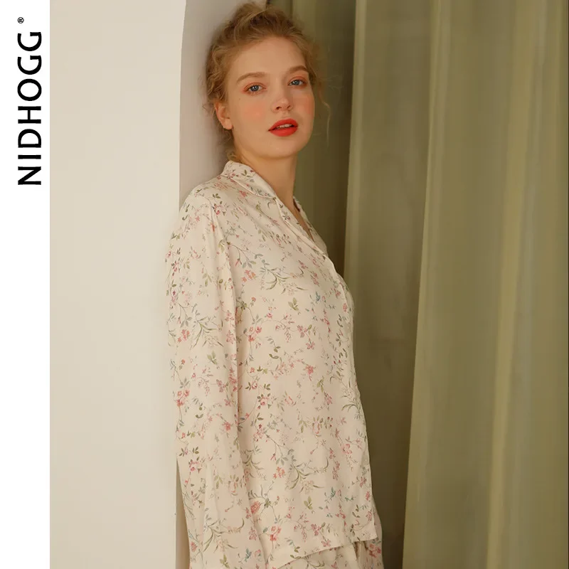 Spring Satin Pajamas Long Sleeve Viscose Sleepwear Willow Leaf Print Lounge Wear Two Piece Pijama Set Pijama Mujer women pajamas set women pajama suit