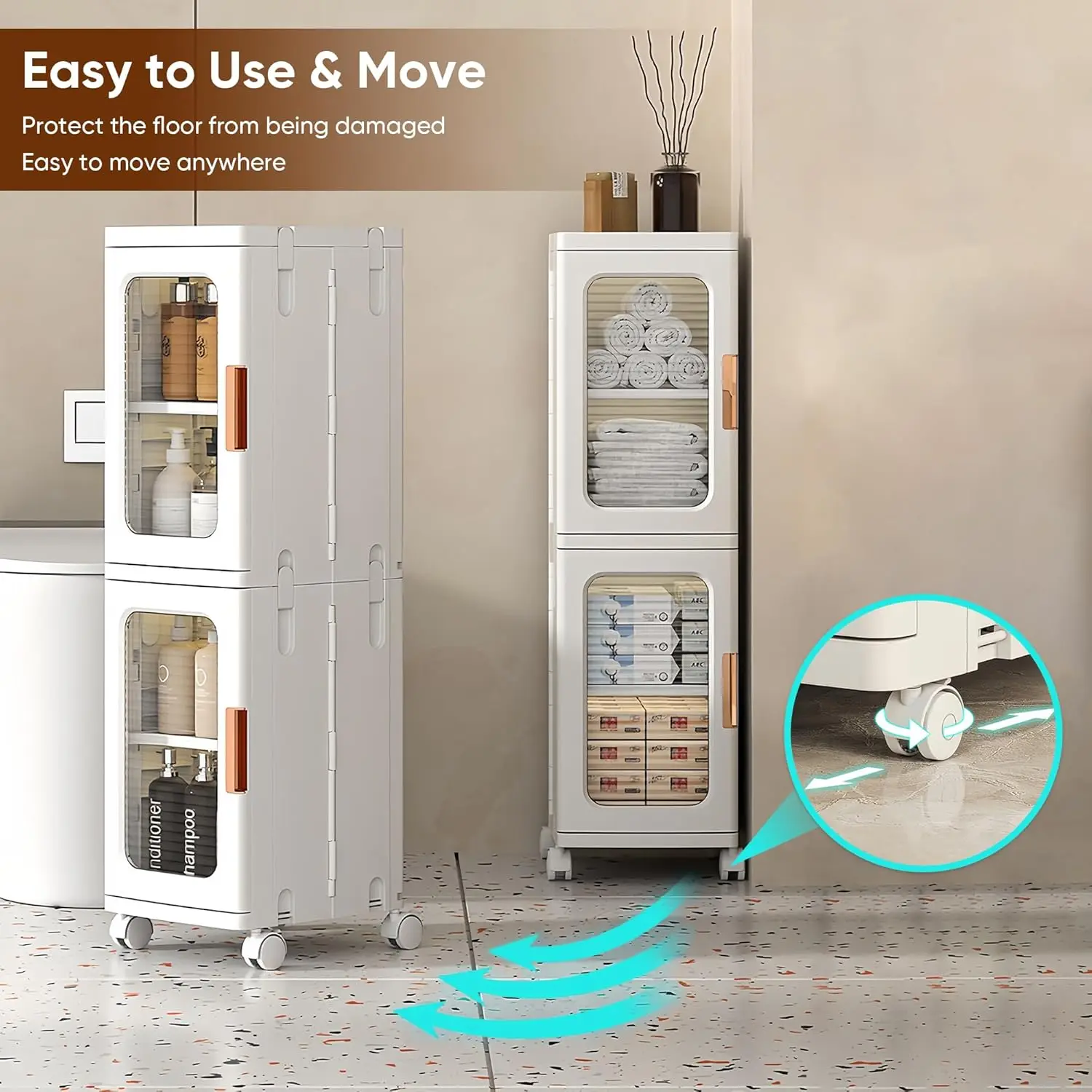 Slim Bathroom Cabinet, 2-Tier Plastic Organizer. Narrow, Stackable with Doors. For Home, Living Room