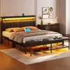 Full Bed Frame, with Charging Station & LED Lights, Upholstered Headboard with Storage Shelves, No Box Spring Needed, Bed Frame 1