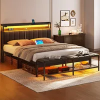 Full Bed Frame, with Charging Station & LED Lights, Upholstered Headboard with Storage Shelves, No Box Spring Needed, Bed Frame 1