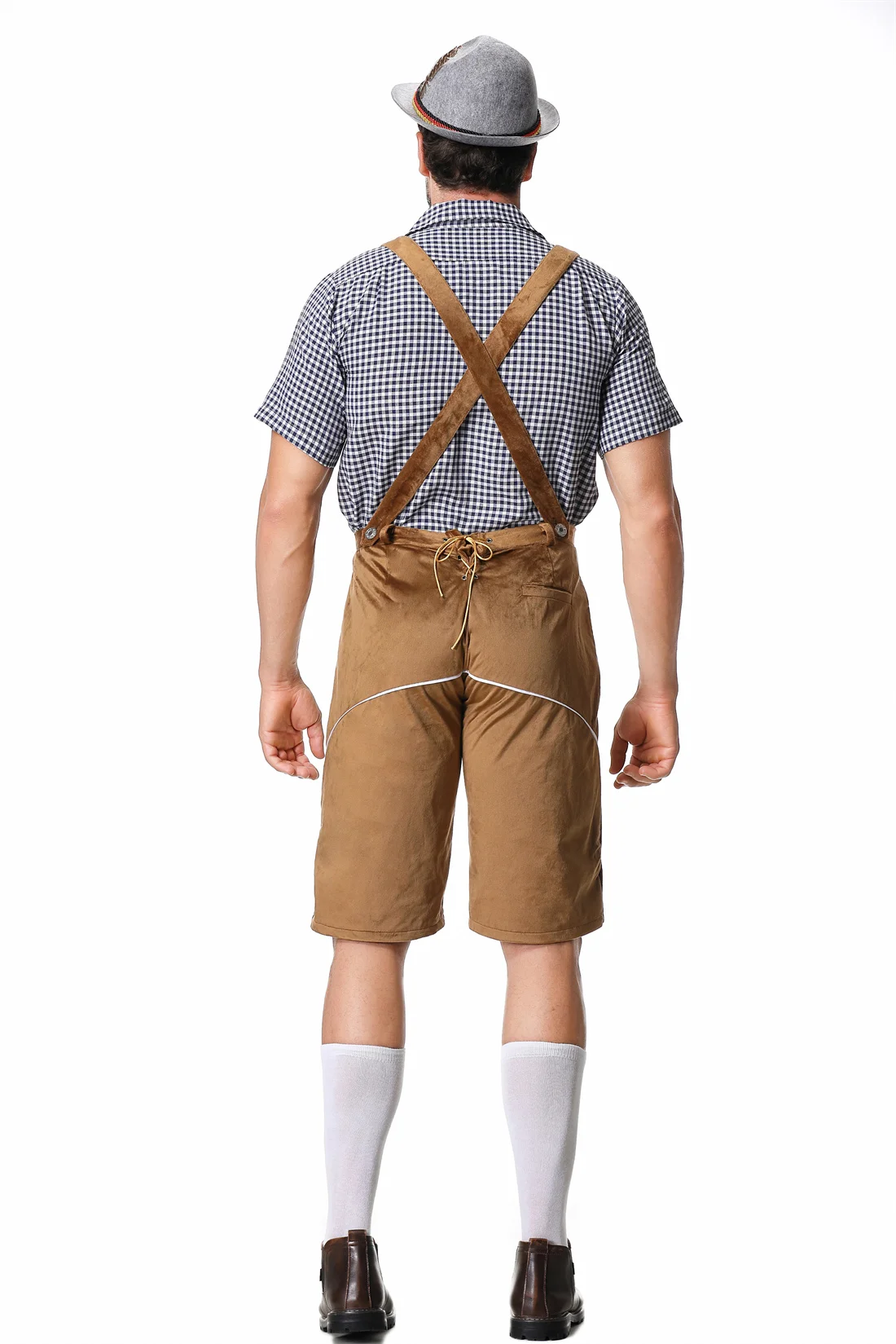 M-XXL German Oktoberfest Men Festival Costume Set Short Sleeve Plaid Shirt Suspenders Hat for Beer Festival Halloween men festival costume set