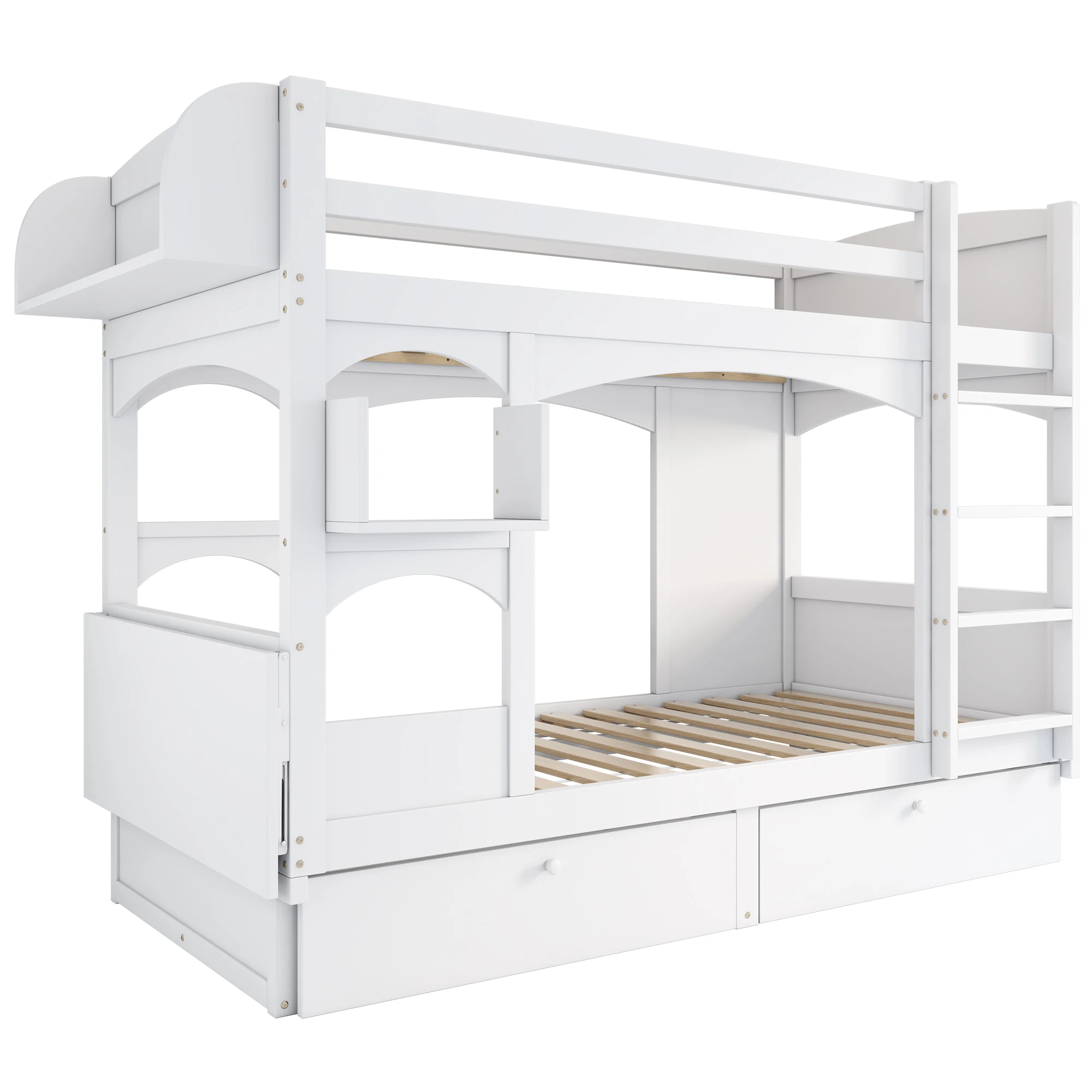 Kinder-Etagenbett, Doppelbett, multifunktionales Kinderbett, mit herunterklappbarem Schreibtisch und Regal, mit Leiter und 2 Schubladen – Detail 7