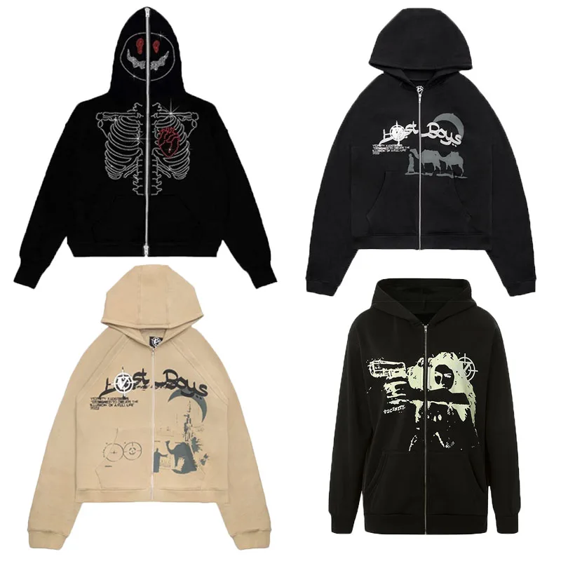 

Y2k 2022 Fall Aesthetic Gothic Ultra Oversized Vintage Print Hoodie Women Jacket Zip Long Sleeve Men Pocket Jacket Streetwear