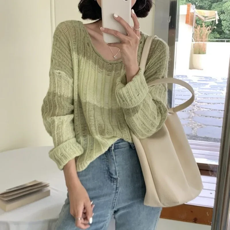 

2024 Early Spring Sweet Oversized Sweater Korean Fashion Hollow Out Knitted Pullovers Y2K Harajuku Sweet Cropped Knit Smock Top