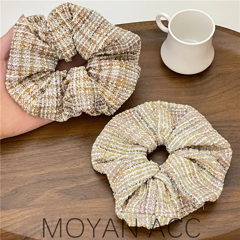 British Small Mesh Hair Rope Female Online Influencer Mixed Color Woven Plaid Large Intestine Ring Rubber Band Hair Rope Tempera 2 4pcs deepeel new d type wooden bags handle purse frame for handbag woven bag wrist ring diy handmade bag sewing accessories