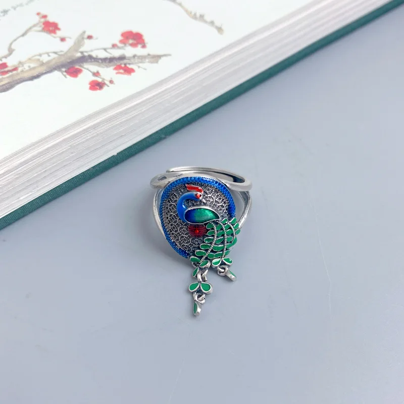 100% 925 Sterling Silver Peacock Shape Ring for Women Retro Ethnic Enamel Colorful Bird Tassel Adjustable Rings Jewelry JZ106