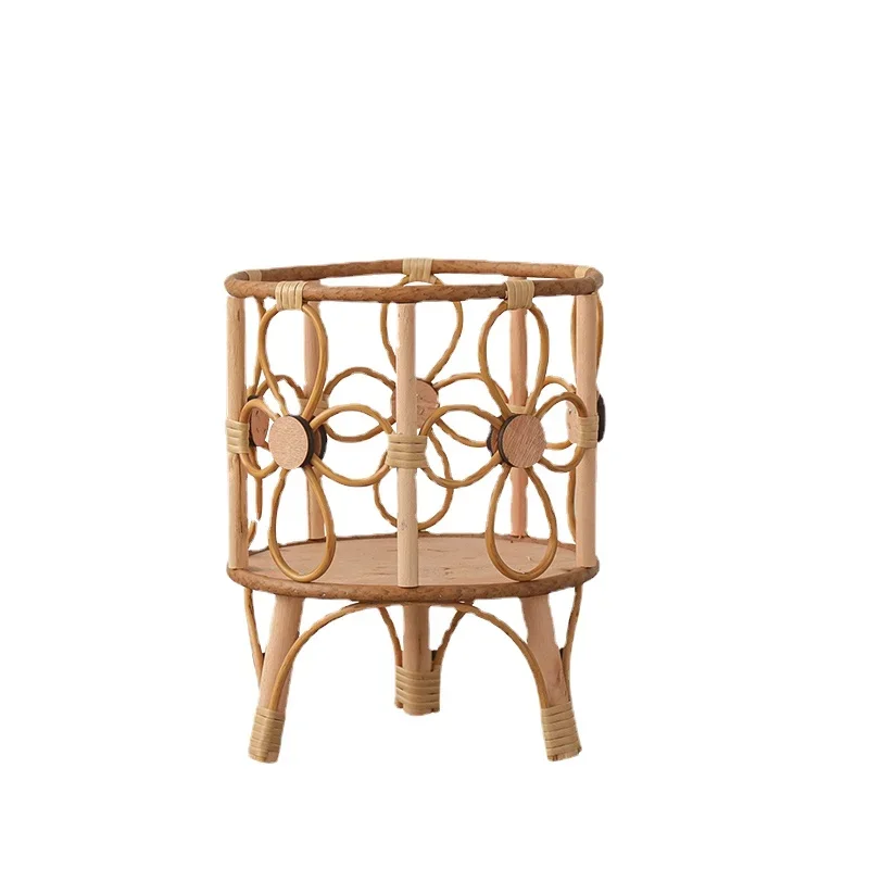 Rattan Weaving Pots for Plants Living Room Floor Plant Shelves, Balcony Decoration, Flower Stand, Versatile Scenes, Wooden Stand