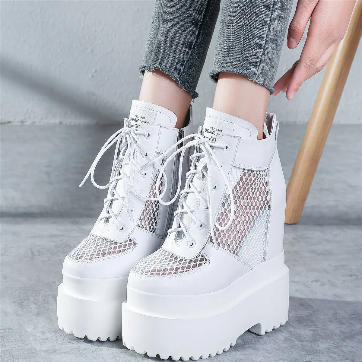 

Platform Pumps Shoes Women Hollow Genuine Leather Super High Heels Ankle Boots Female Round Toe Fashion Sneakers Casual Shoes
