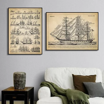 Vecchia nave nautica Poster Barca a vela Barca nautica Grafico Stile vintage Illustrazione navale Pittura su tela Stampa decorazioni per la casa