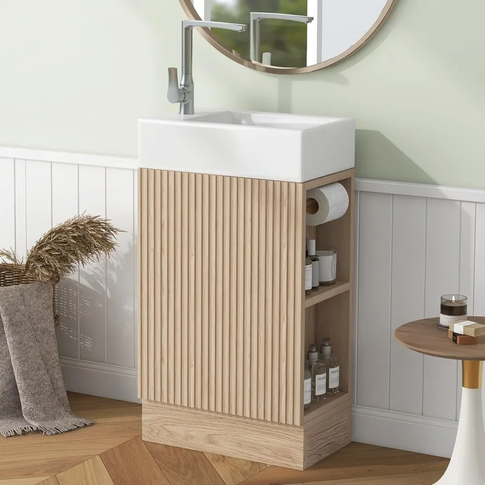 19" Small Single Bathroom Vanity with Sink,1 Door,Toilet Paper Holder and 2 tier Shelves,Natural Wood Bathroom Vanity Sink 4