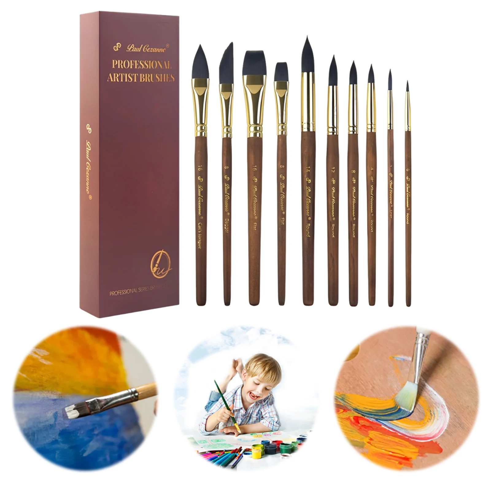 10Pcs 호두나무 페인트 브러시(포켓 포함) 수채화 그림 브러시 세트 재사용 가능한 나무 손잡이 아티스트 브러시 아트 및 여행 키트