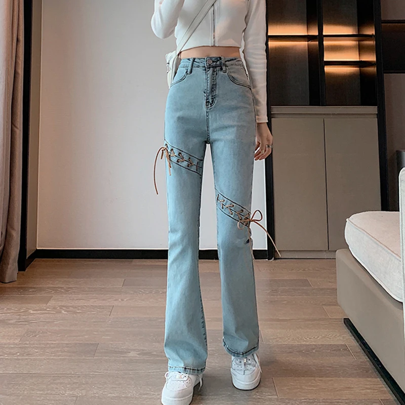 straight leg jeans JMPRS Flare Jeans Women High Waist Fashion Lace Up Skinny Denim Pants Pure Cotton Casual Korean Elastic OL Female Trousers New maternity jeans