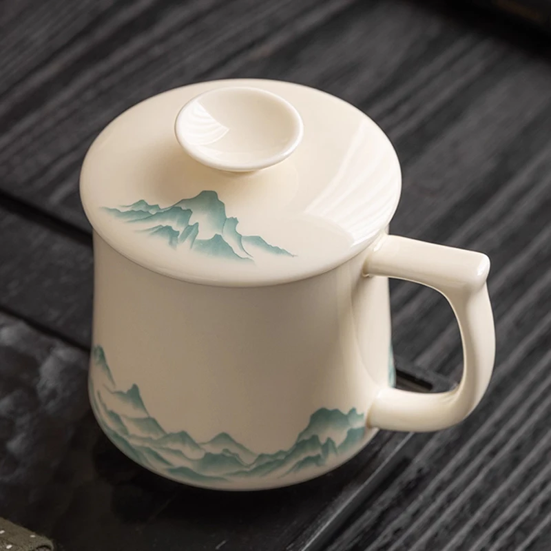 Chinese Style Ceramic With Cover White Porcelain Personal Tea Mugs, Personal Creative Pattern, Milk Water Coffee Cup, 370ml, 1Pc