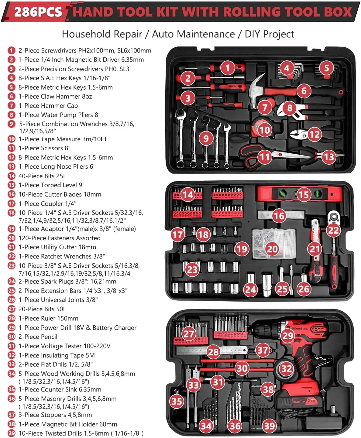 Home Auto Repair Tool Kit with Rolling Tool Box, Mechanic Tool Sets with 21V Max Cordless 2