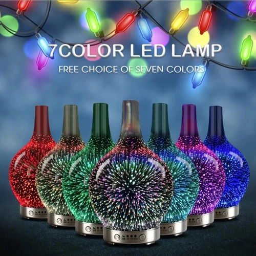 3D 불꽃 놀이 유리 꽃병 가습기, 7 색 LED 야간 조명 아로마 에센셜 오일 디퓨저, 홈 오피스용 쿨 미스트 메이커 2