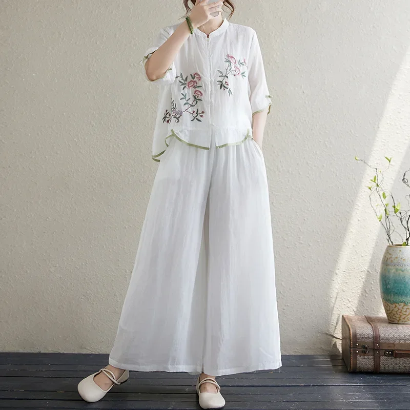 레트로 중국 스타일 헤비 자수 린넨 스탠드 칼라 젠 버튼 오픈 가디건 와이드 레그 팬츠 세트 전통 문화 패션