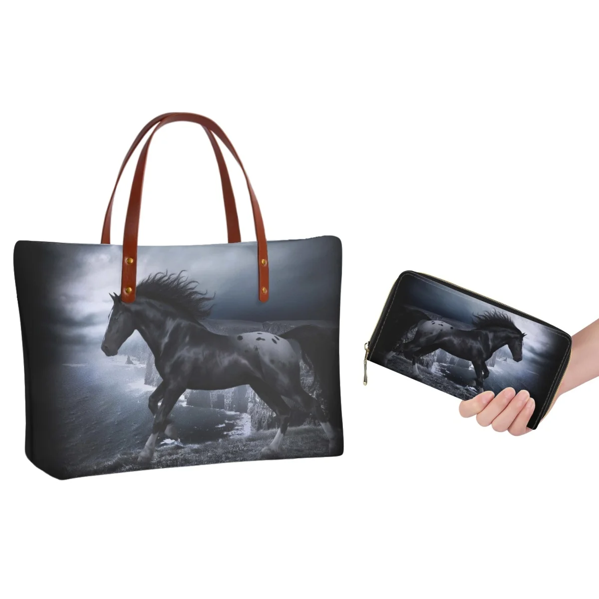 

FORUDESIGNS Popular Handbag Ladies Galloping Horse 3D Image Printing Handbag Polyester Black and White Style Combination Wallet