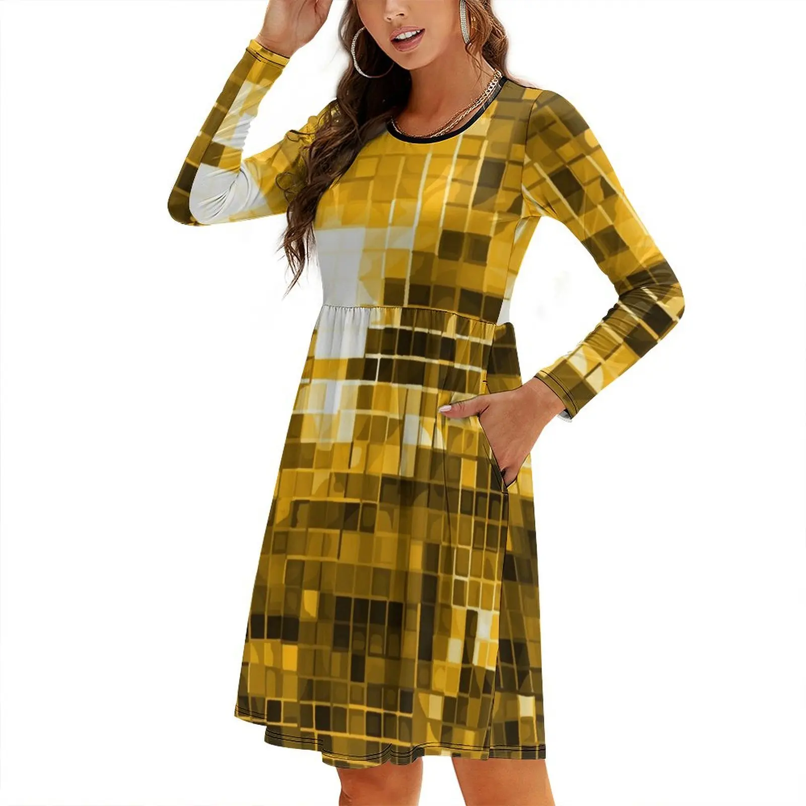 

Gold Yellow Disco Ball Pattern Round Neck Baggy Dress long dresses for women Elegant gowns