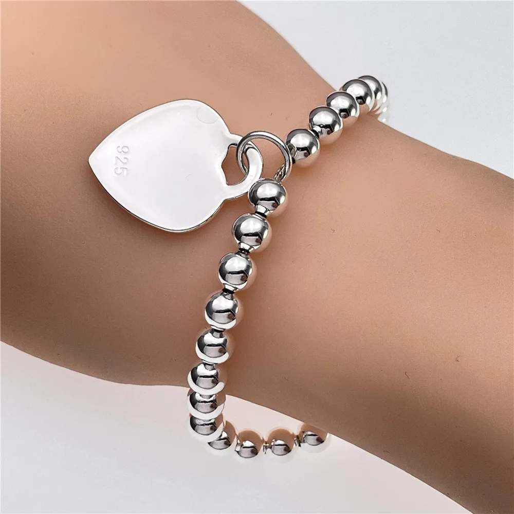 

925 Sterling Silver 6MM Beads Chain Heart Pendant Bracelets for Women fashion designer Jewelry party wedding accessories gifts