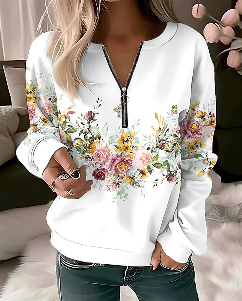 Women's Crew Neck Zipper Half-open Sweatshirt Elegant Botanical Flower Print Hoodie Female Autumn Long Sleeve Pullover Outerwear