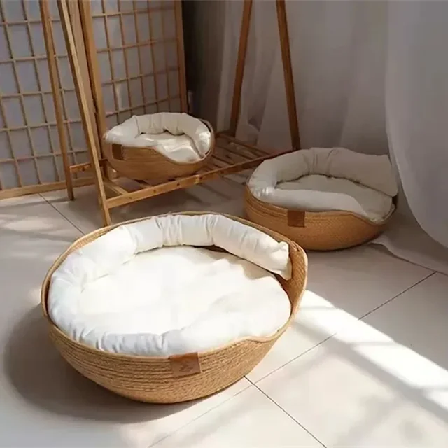 Bamboo Weaving Cat Bed Sofa House - Eco-Friendly Warm Pet Nest for Indoor Cats, Small Medium Cat Furniture Pet Sleeping Supplies 5