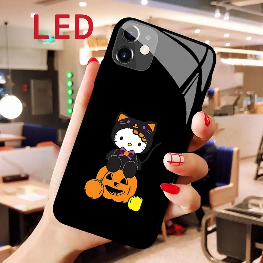 iphone 12 case HelloKitty Animation Glass phone Case For IPhone 13 12 11 Pro Max XS  Max 8Plus 7plus LED Luminous Call Light Flash cover iphone 12 wallet case