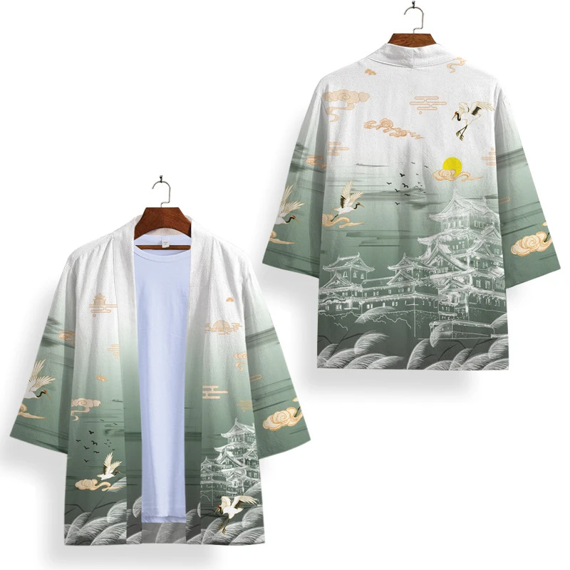 Cosplay Green Floral Print Cardigan Women Men Yukata Clothing Harajuku Chinese Style Kimono And Shorts Set