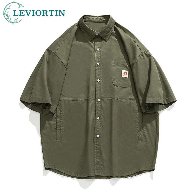 

Japanese Fashion Mens Short Sleeve Casual Loose Shirts Cotton Simple Basic Cargo Lapel Blouse Outdoor Daily Versatile Tops