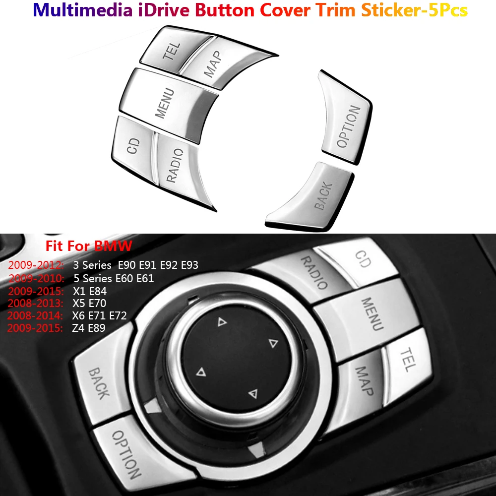 

5x Chrome Car Multimedia Button Cover Trim For BMW 3 5 X1 X5 X6 Z4 E60 E61 E90 E70 E71 E72 E84 E89 Auto Para Accessoire Voiture