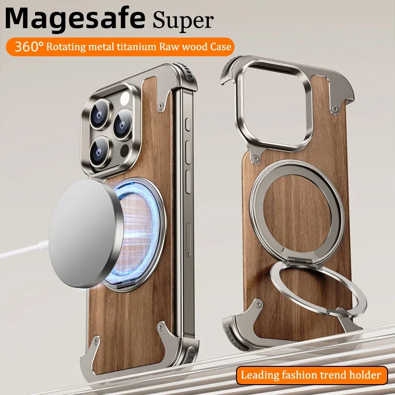 

For iPhone 15 14 Pro Max Case 360°Rotating Ring Stand Magnetic Magsafe Phone Holder Walnut Wood Metal framework Protective cover