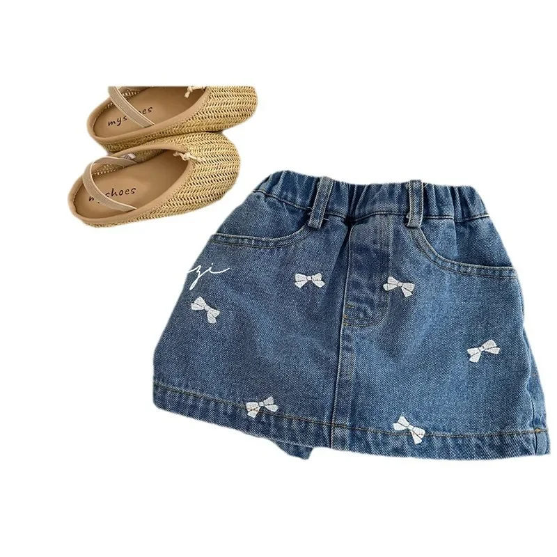 Baby Girl's Denim Skirt 22463 Summer New Korea Bow Embroidery Denim Skirt Pants 1-7Year Kid's A-line children skirts denim clothes