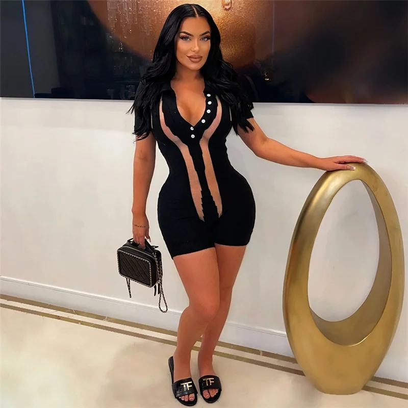 

Zoctuo Sexy Mesh Short Sleeve Rompers For Women Casual See Through Button Splicing Skinny Romper Rave Chic Party Club Night