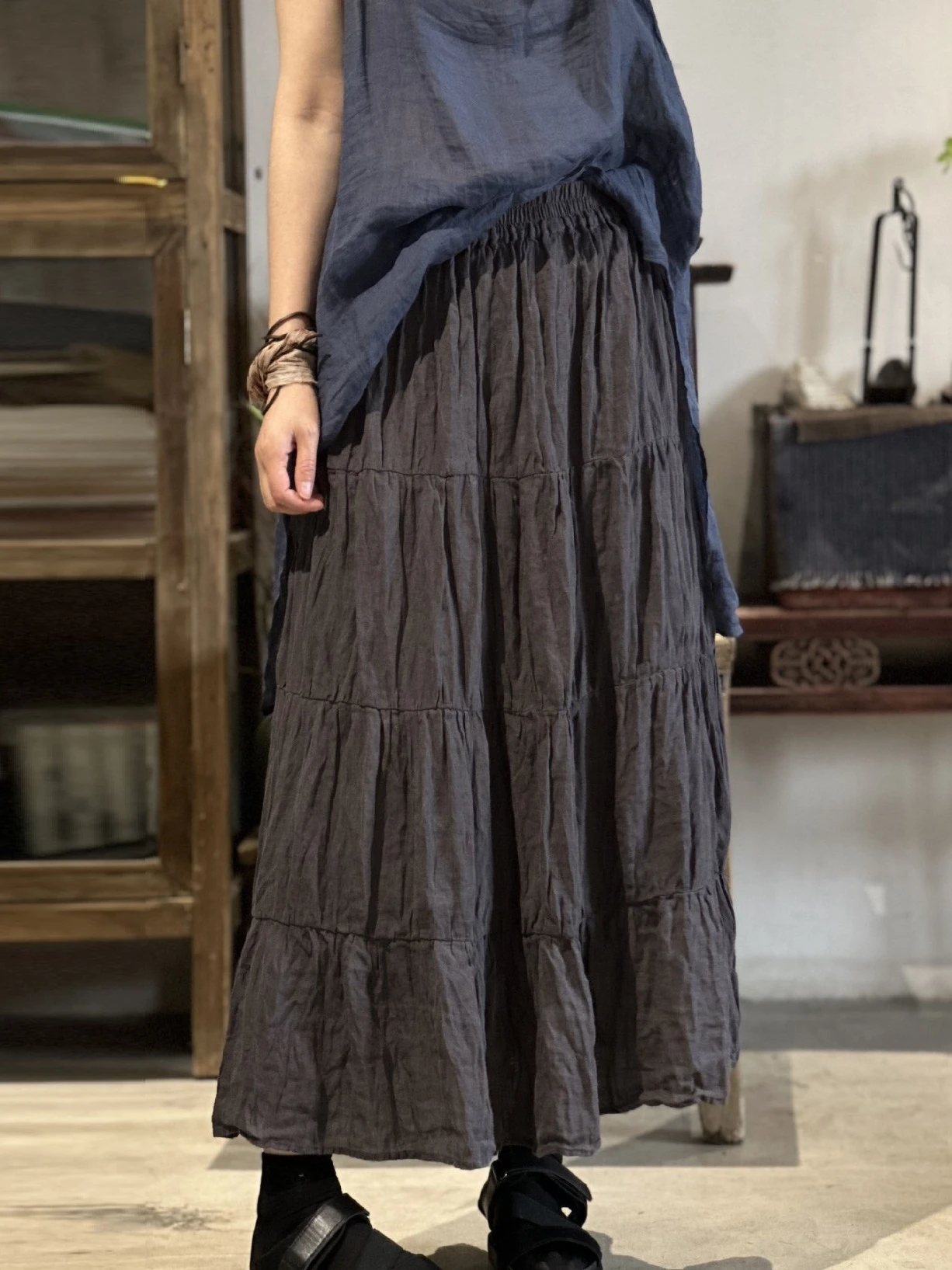 Cotton and Linen Summer Elastic Waist Dress Vintage Pleated Linen Skirt for Women