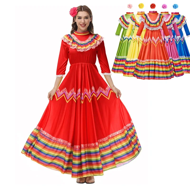 Traditional Mexican Folk Dancer Dress for Adult Women National Mexico Style Cinco De Mayo Costume Bohemia Long princess quinceanera dresses ball gown long sleeves embroidery sweet 16 dresses 15 años mexican