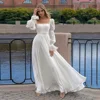 ADLN High Quality Beach Wedding Dresses Square Neck Puff Slevees Beading Pearl Sweep Train Chiffon Boho Bridal Gown Robe Mariage 5