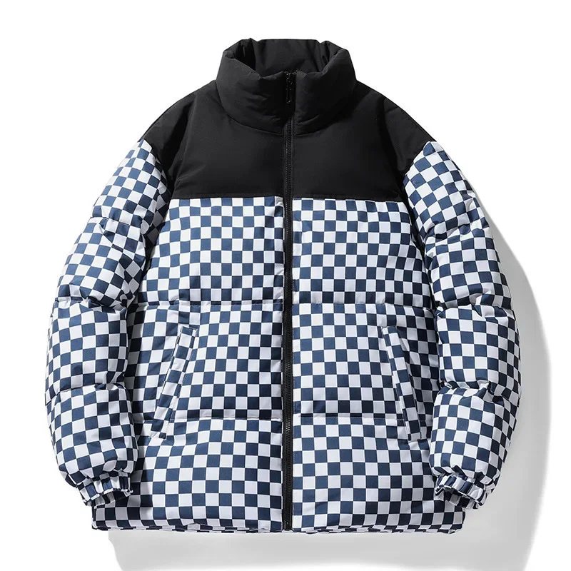 New Winter Down Coat Men's White Duck Plaid Trendy Couple Thickened Jacket Women's Fashion Color Block Stand Collar