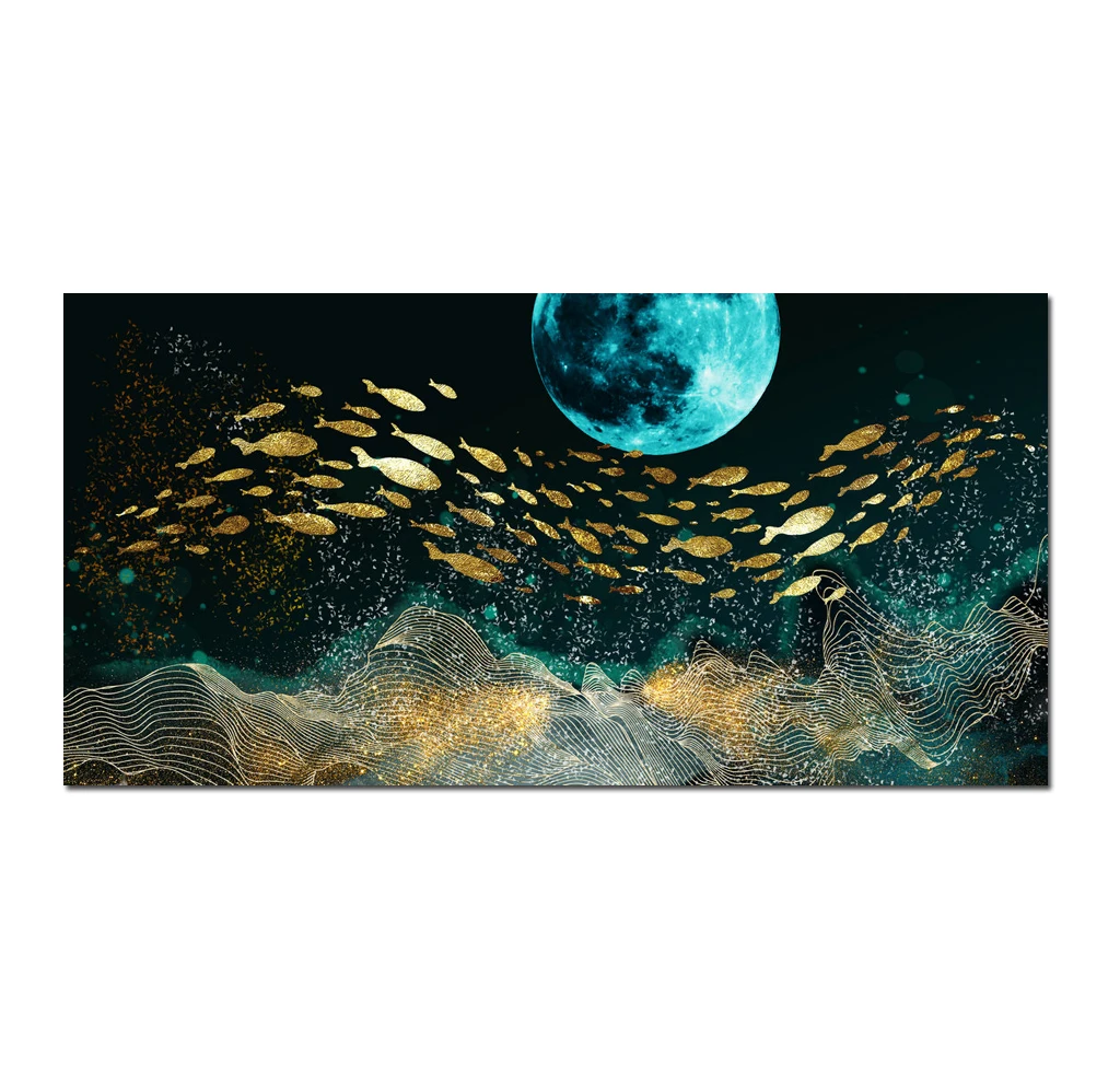 

Chinese Style Canvas Prints Feng Shui Koi Fish Painting Golden Abstract Pictures Wall Art for Living Room Home Decor HYL2058