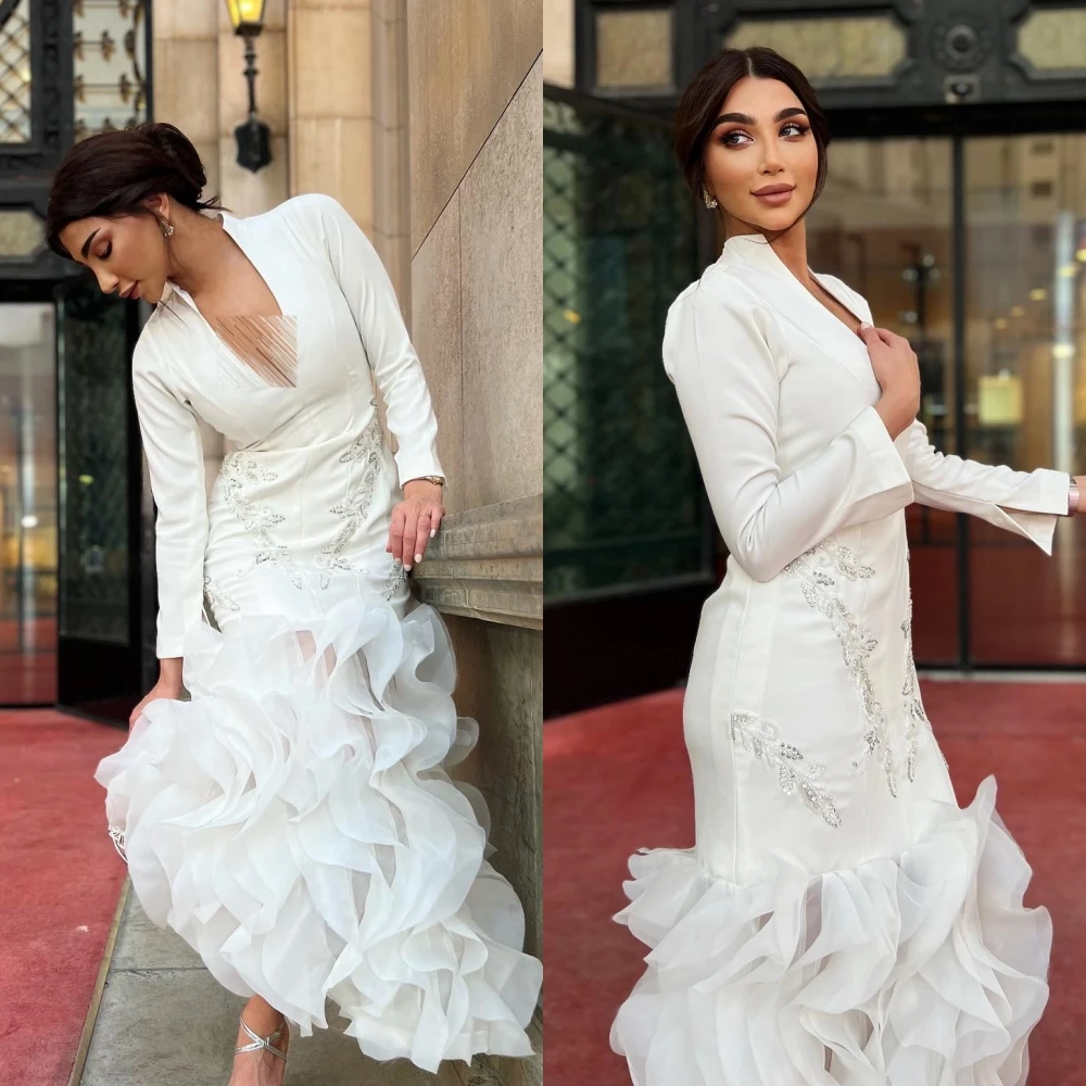 

Evening Prom Dress Saudi Arabia Jersey Beading Pleat Ruched Cocktail Party A-line V-Neck Bespoke Occasion Gown Midi Dresses