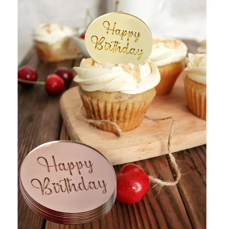 Happy Birthday Cake Toppers Round Cupcake Toppers for Kids Birthday Baby Shower Party Cake Decorations Dessert Toppers Supplies