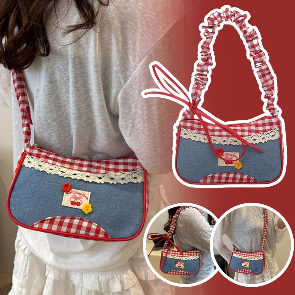 Rural Style Lattice Denim Shoulder Bag Leisure Bow Design Underarm Crossbody Bag Plaid Drawstring for Outdoor Casual Daily Use