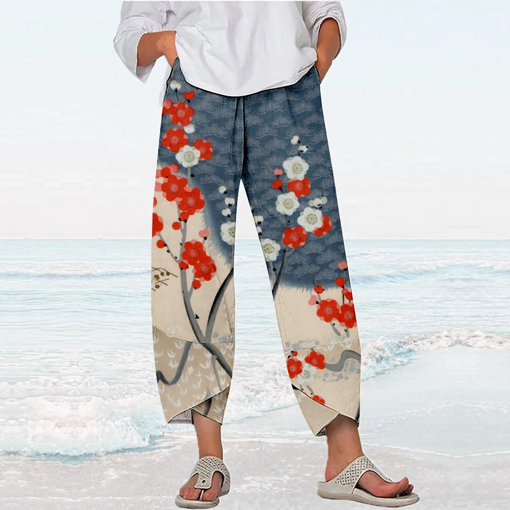 

Summer Casual Floral Print Pants Vintage Y2k Pants Streetwear Women Loose Beach Trousers Pockets Capri Women Pantalon Chic
