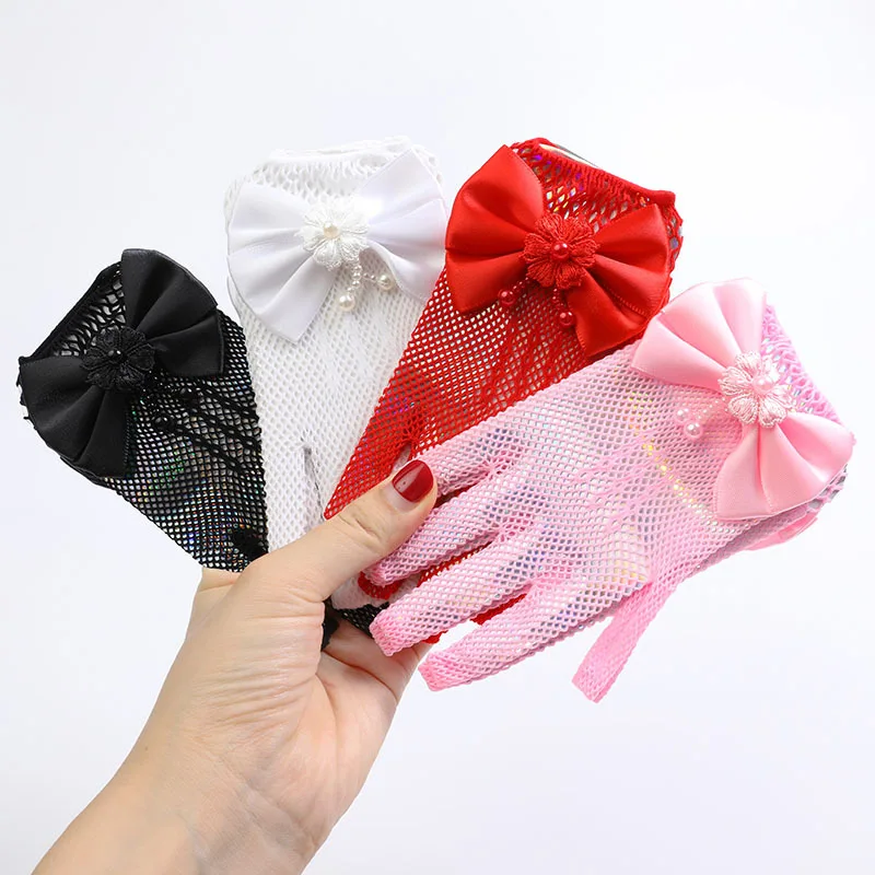 Kids Party Lace Pearl Fishnet Gloves Communion Flower Girl Party Gloves Children's Glove High Elasticity Mesh Bow Gloves